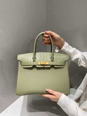 Hermes Birkin Tote Bag Togo Leather With High Gloss Nile Crocodile Emerald H28818 - Default Title - View 1