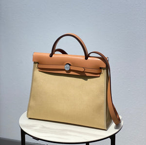 Hermes H082835CKAC Herbag Zip 31 Bag in Black Hunter Leather and Canvas H60035 - Default Title - View 1