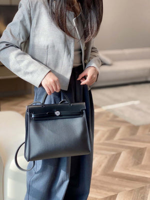 Hermes H084076CKAD Herbag Zip 31 Bag in Black Hunter Leather and Canvas H60058 - Default Title - View 2