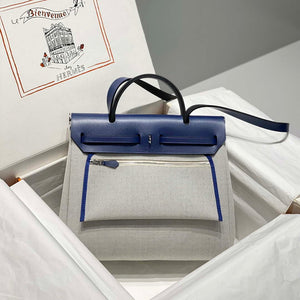 Hermes H084076CKAD Herbag Zip 31 Bag in Blue Hunter Leather and Canvas H60063 - Default Title - View 2