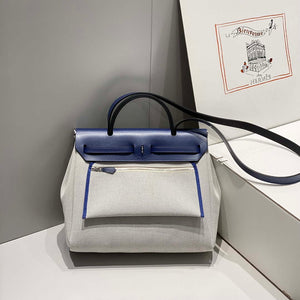 Hermes H084076CKAD Herbag Zip 31 Bag in Blue Hunter Leather and Canvas H60063 - Default Title - View 7