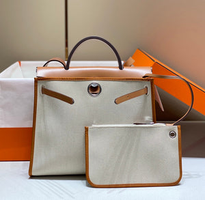 Hermes H084076CKAD Herbag Zip 31 Bag in Brown Hunter Leather and Canvas H60049 - Default Title - View 3