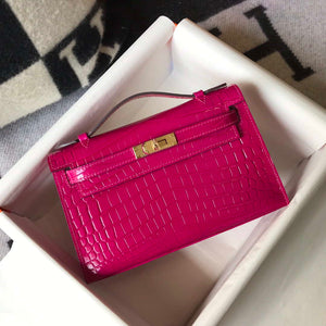 Hermes Mini Kelly Pouchette Crocodile Leather H230236 Rose Red - Default Title - View 3