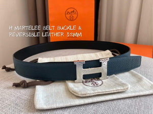 Hermes Women's Leather H Buckle Belt 32MM 19046 Navy Blue - luxibagsmall