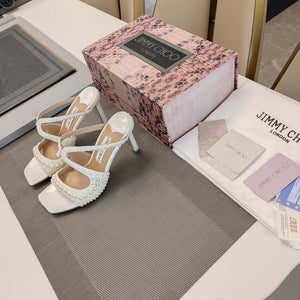 Jimmy Choo Azia 95 White Satin Sandals with All-Over Pearls AZIA95WOZ080308 - Fmale-Euro 35=US 4 / 85mm - View 2
