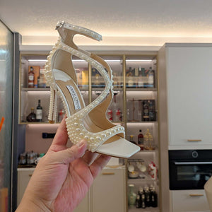 Jimmy Choo Sacora 100 White Satin Sandals with All Over Pearls - Fmale-Euro 35=US 4 / 85mm - View 9