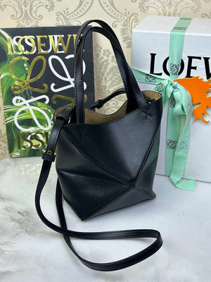 Loewe Mini Puzzle Fold tote in shiny calfskin A657V25X01 Black - Default Title - View 4