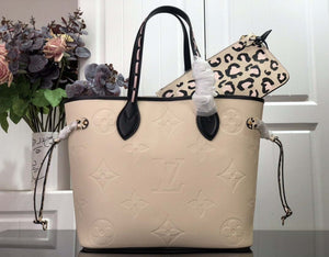 LV M58525 Louis Vuitton Neverfull MM Monogram Empreinte Leather Bag M45856 Creme - Default Title - View 3
