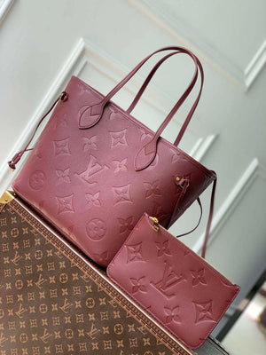 LV M46599 Louis Vuitton Neverfull MM Bag M45685 Monogram Empreinte Leather Wine Red - Default Title - View 1