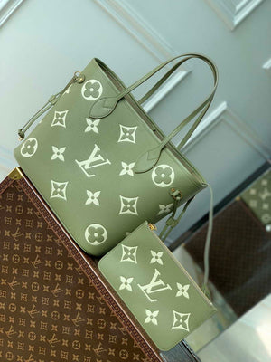 LV M46649 Louis Vuitton Neverfull MM Tote Bag Monogram Empreinte Leather Kaki Cream - Default Title - View 1