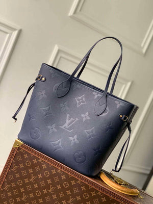 LV M47143 Louis Vuitton Neverfull MM Bag Monogram Empreinte Leather Navy Blue - Default Title - View 1