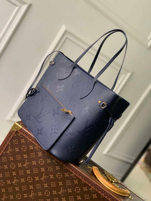 LV M47143 Louis Vuitton Neverfull MM Bag Monogram Empreinte Leather Navy Blue - Default Title - View 2