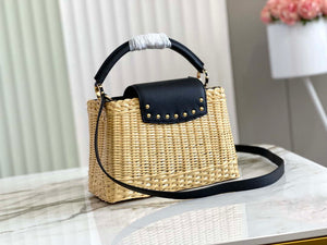 LV M55011 Louis Vuitton Capucines BB Handbag Straw Leather Beige Black - Default Title - View 3