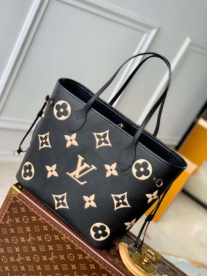LV M58907 Louis Vuitton Neverfull MM Bag M45685 Monogram Empreinte Leather Black with Beige Logo - Default Title - View 1