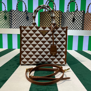 Prada 1BA354 Small Prada Symbole jacquard fabric handbag Tan White - Default Title - View 1