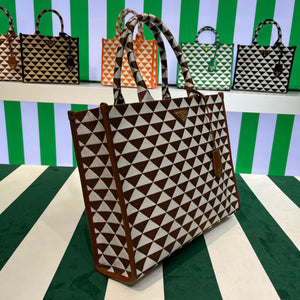 Prada 1BA356 Large Prada Symbole Jacquard Fabric Handbag Tan White - Default Title - View 2