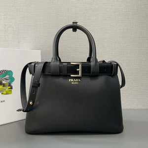 Prada 1BA434 Black Prada Buckle Medium Leather Handbag With Belt - Default Title - View 1