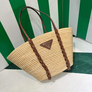 Prada 1BG312 Straw and Leather Tote Apricot - Default Title - View 1