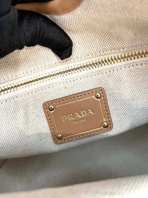 Prada 1BG471 Medium linen blend and leather tote bag Natural - Default Title - View 8