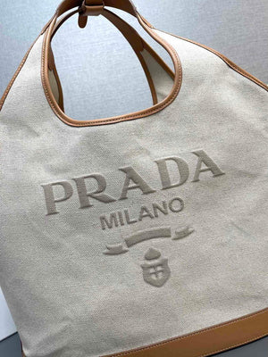 Prada 1BG472 Large linen blend and leather tote bag Natural - Default Title - View 4