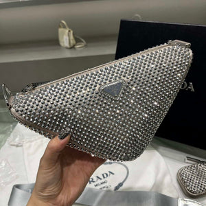 Prada 1NE190 Crystal-studded satin pouch Gray - Default Title - View 2