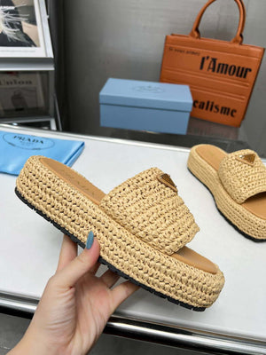 Prada 1XZ761 Crochet Flatform slides in Raffia - Apricot / 34 - View 1