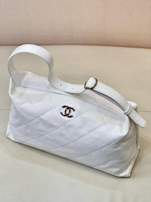 Chanel AS6139 Large Hobo Handbag Shiny Lambskin & Gold-Tone Metal White - Default Title - View 3