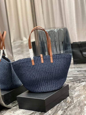 Saint Laurent 688221 YSL Panier Maxi Bag In Raffia Navy Blue - Default Title - View 5