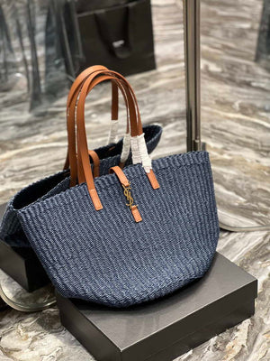 Saint Laurent 688221 YSL Panier Maxi Bag In Raffia Navy Blue - Default Title - View 6