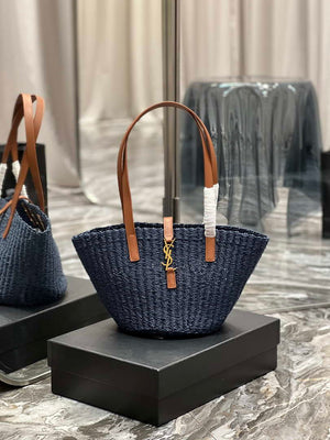 Saint Laurent 685618 YSL Panier Medium Bag In Raffia Navy Blue - Default Title - View 1