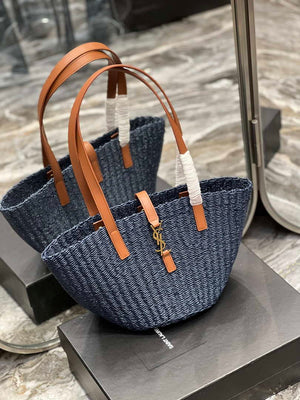 Saint Laurent 685618 YSL Panier Medium Bag In Raffia Navy Blue - Default Title - View 8