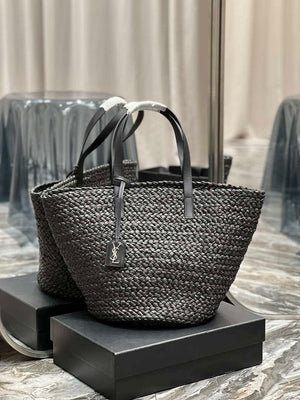 Saint Laurent YSL 693242 Tote Panier Maxi Bag In Raffia Black - Default Title - View 1