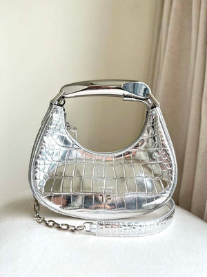 Tom Ford Shiny Stamped Crocodile Leather Bianca Mini Hobo 5520708811 Silver - Default Title - View 1