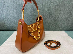 Valentino V0570 Stud Sign Grainy Calfskin Hobo Bag Brown - Default Title - View 3