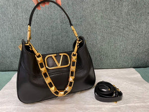 Valentino V0570 Stud Sign Grainy Calfskin Hobo Bag Black - Default Title - View 1