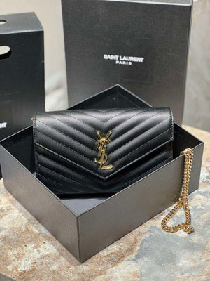 YSL 377828 Classic Cassandre chain wallet in grain de Poudre leather black gold - Default Title - View 1