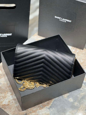 YSL 377828 Classic Cassandre chain wallet in grain de Poudre leather black gold - Default Title - View 9