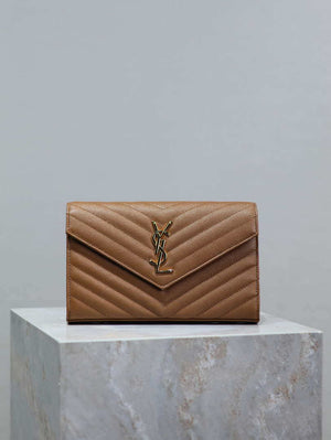 YSL 377828 Classic Cassandre chain wallet in grain de Poudre leather Brown - Default Title - View 1