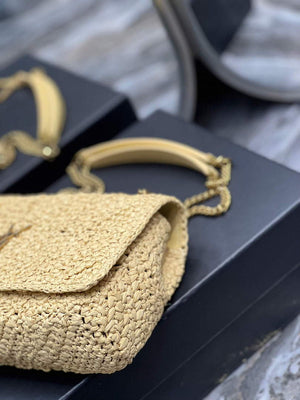 YSL 515821 Jamie Leather-Trimmed Raffia Shoulder Bag Apricot - Default Title - View 6
