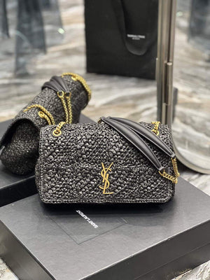 YSL 515821 Jamie Leather-Trimmed Raffia Shoulder Bag Black - Default Title - View 1