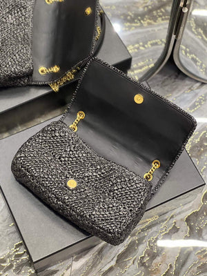 YSL 515821 Jamie Leather-Trimmed Raffia Shoulder Bag Black - Default Title - View 7