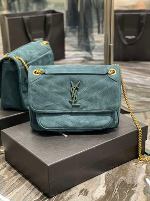 YSL 533037 Yves Saint Laurent Niki Baby In Crinkled Vintage Nubuck Leather Blue - Default Title - View 1