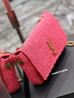YSL 580065 Kate Medium Supple Chain Bag In Raffia Neon Pink - Default Title - View 9