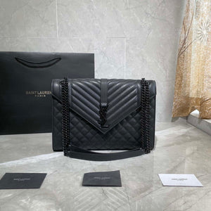 YSL 600166 Envelope Large In Quilted Grain De Poudre Embossed Leather Black With black logo - Default Title - View 1