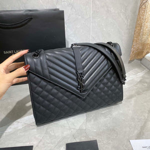 YSL 600166 Envelope Large In Quilted Grain De Poudre Embossed Leather Black With black logo - Default Title - View 2
