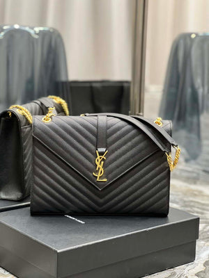 YSL 600166 Envelope Large In Quilted Grain De Poudre Embossed Leather Black V gird - Default Title - View 1