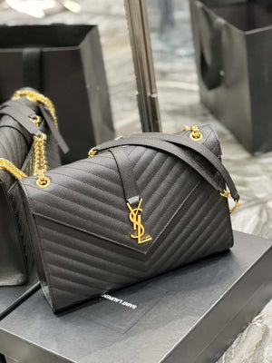 YSL 600166 Envelope Large In Quilted Grain De Poudre Embossed Leather Black V gird - Default Title - View 2
