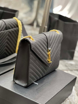 YSL 600166 Envelope Large In Quilted Grain De Poudre Embossed Leather Black V gird - Default Title - View 4