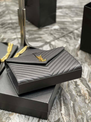 YSL 600166 Envelope Large In Quilted Grain De Poudre Embossed Leather Black V gird - Default Title - View 7