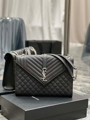 YSL 600166 Envelope Large In Quilted Grain De Poudre Embossed Leather Black Silver - Default Title - View 1